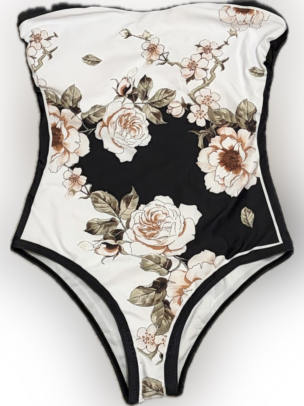 NWOT Strapless Floral One-Piece Swimsuit in Black & Cream